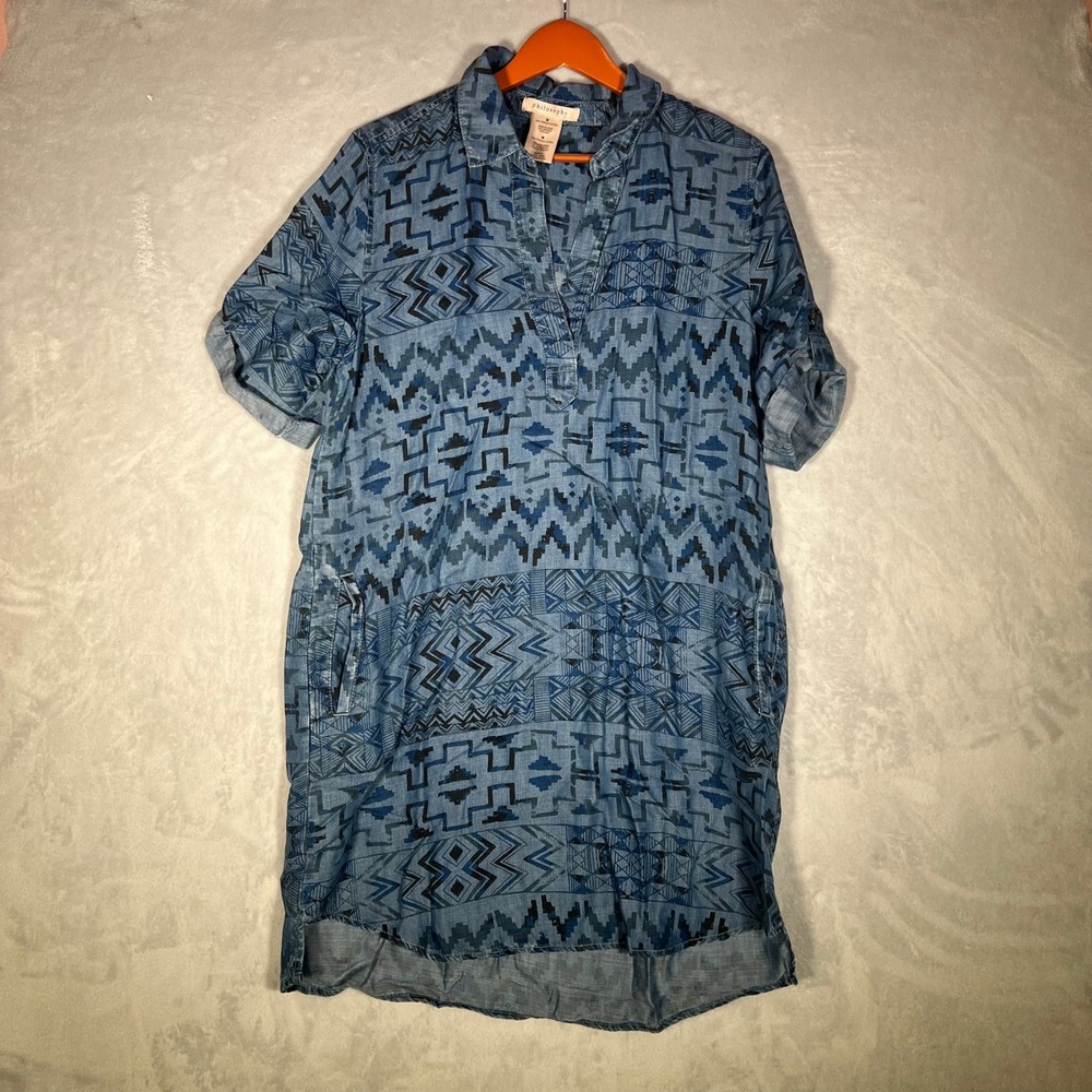 Philosophy Shirt Dress Womens Size M Blue Aztec Print Tencel Geometric Shift
